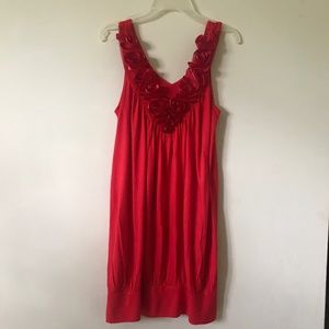 Rose Embroidered V-Neck Blouson Top. Red. Medium.